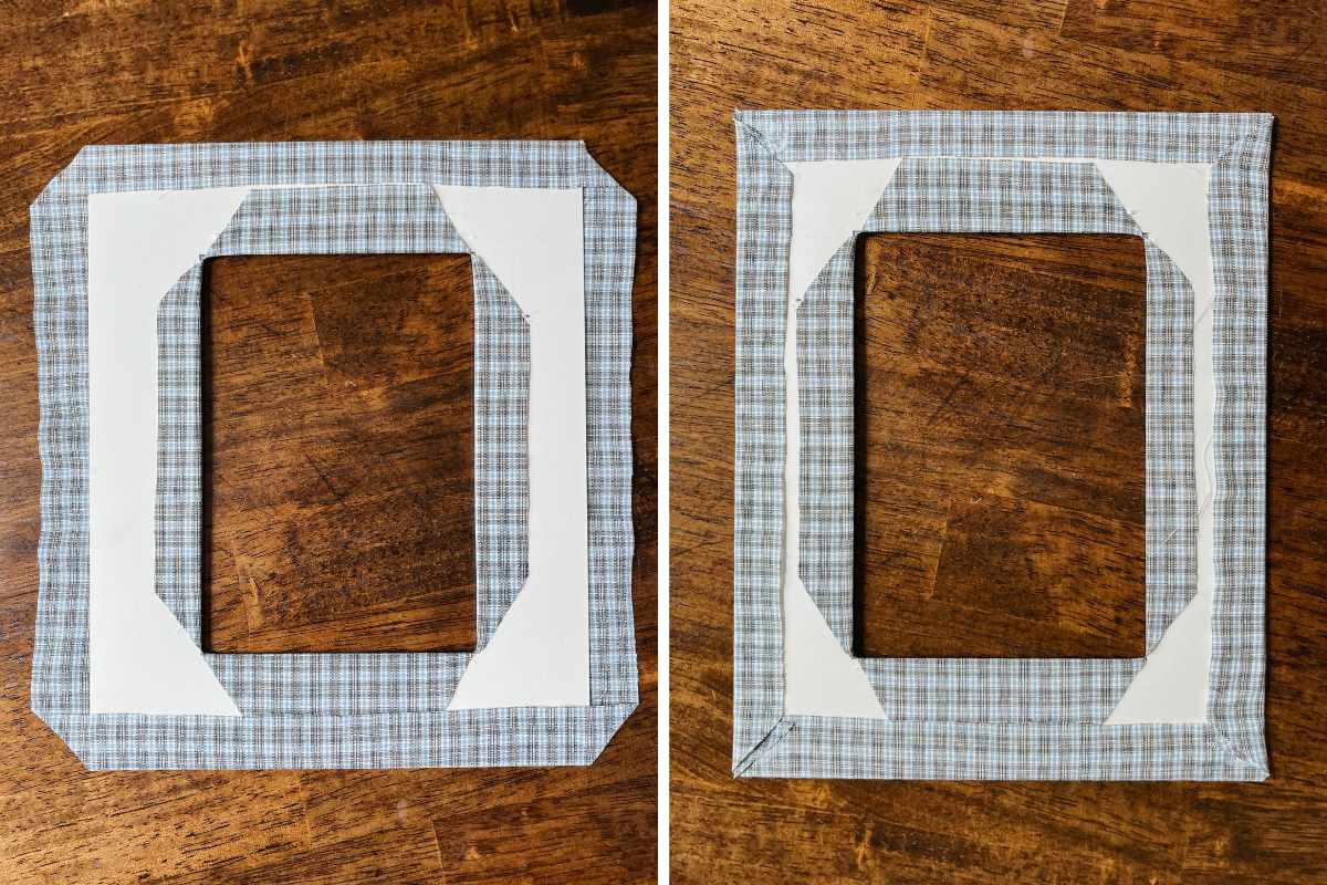Grid of 2 photos of picture frame mat being covered by plaid fabric