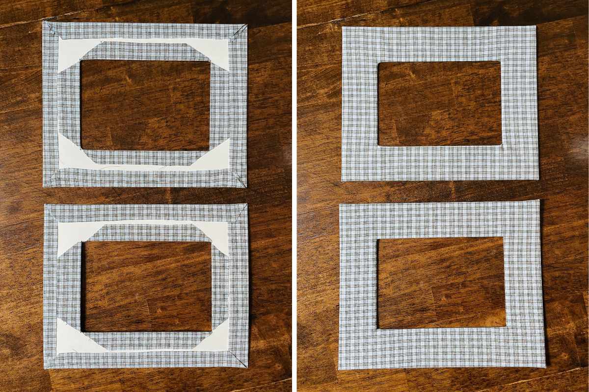 Grid of 2 photos of picture frame mats front and back covered by plaid fabric