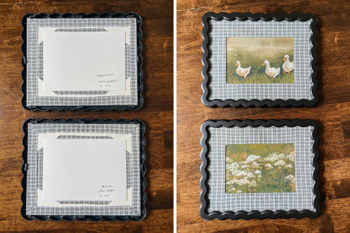 Grid of 2 photos of front and back of fabric picture frame mats with cottagecore art prints in black wavy frames