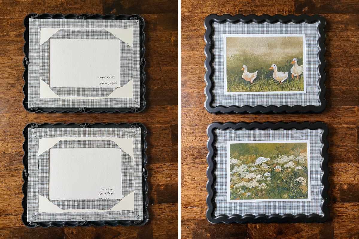 Grid of 2 photos of front and back of fabric picture frame mats with cottagecore art prints in black wavy frames