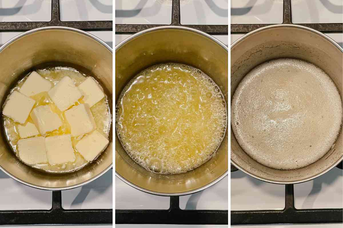 Grid of 3 photos of butter being browned in small saucepan on stove top