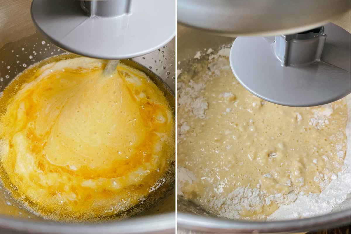 Grid of 2 photos of sourdough monkey bread dough in metal mixing bowl
