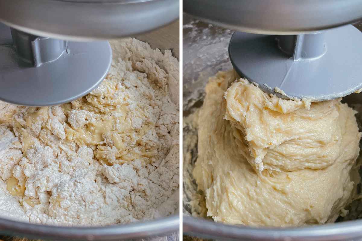 Grid of 2 photos of sourdough monkey bread dough in metal mixing bowl