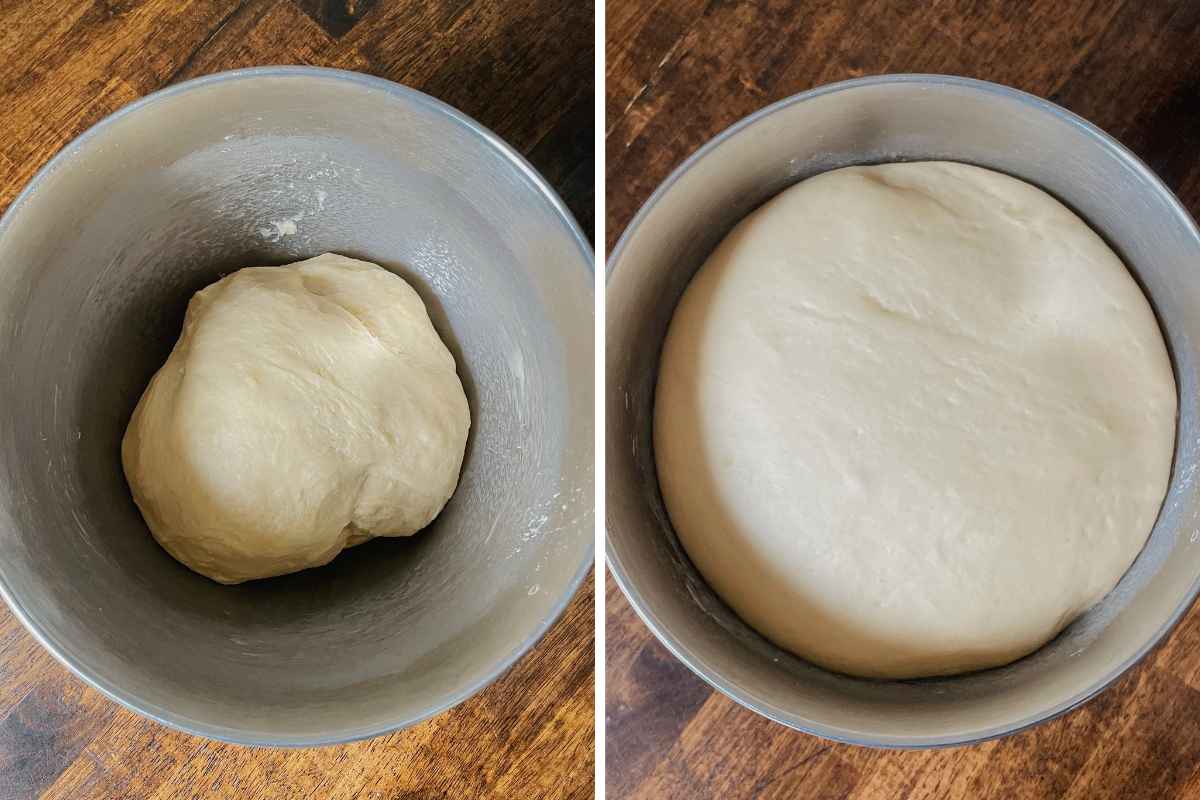 Grid of 2 photos of sourdough monkey bread dough in metal mixing bowl