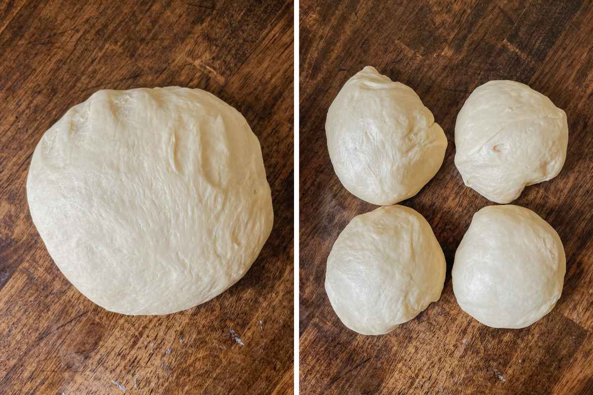 Grid of 2 photos of sourdough monkey bread dough