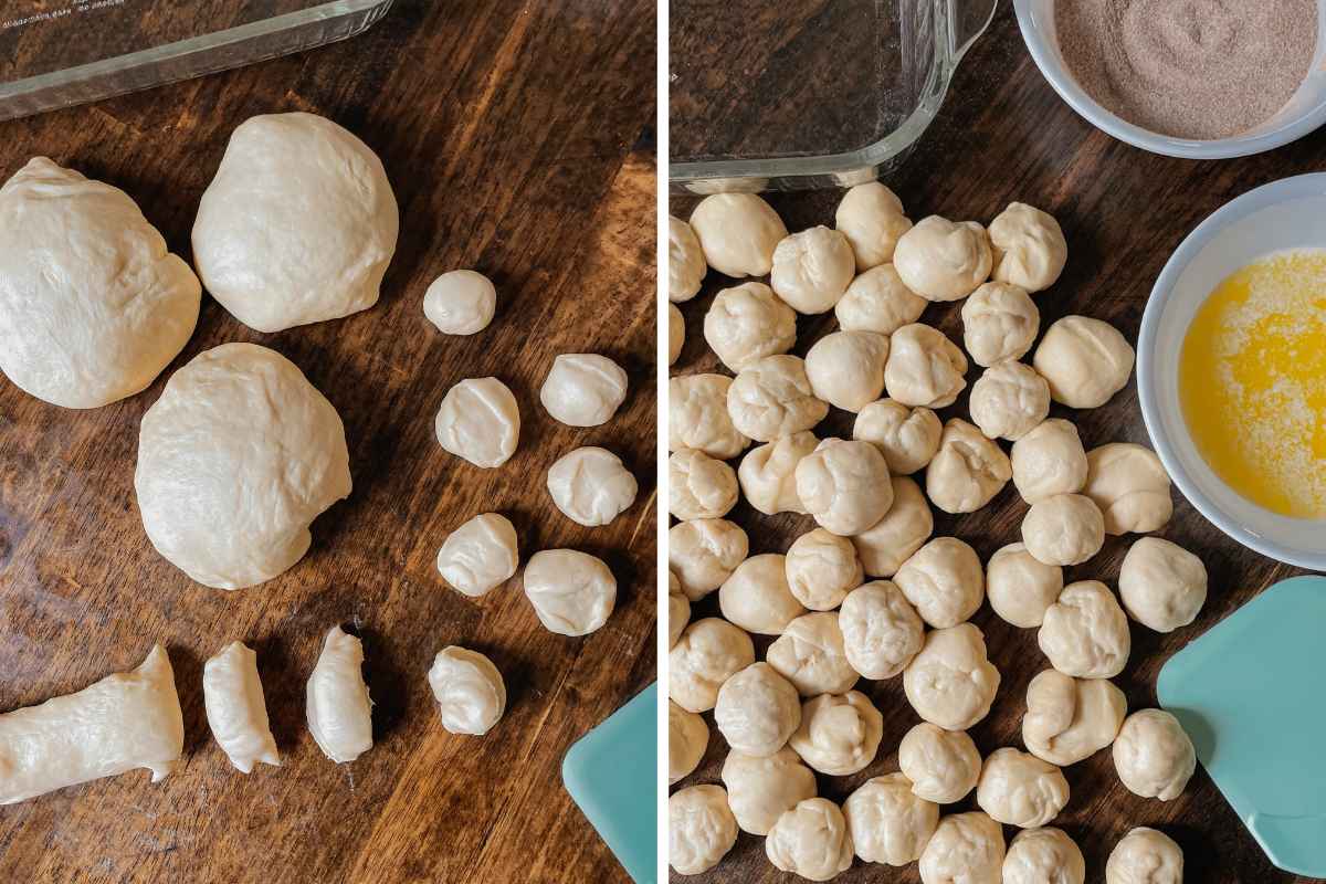 Grid of 2 photos of sourdough monkey bread dough shaped into small balls