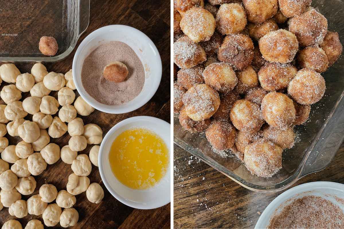 Grid of 2 photos of sourdough monkey bread dough balls dipped in butter and cinnamon sugar in pan