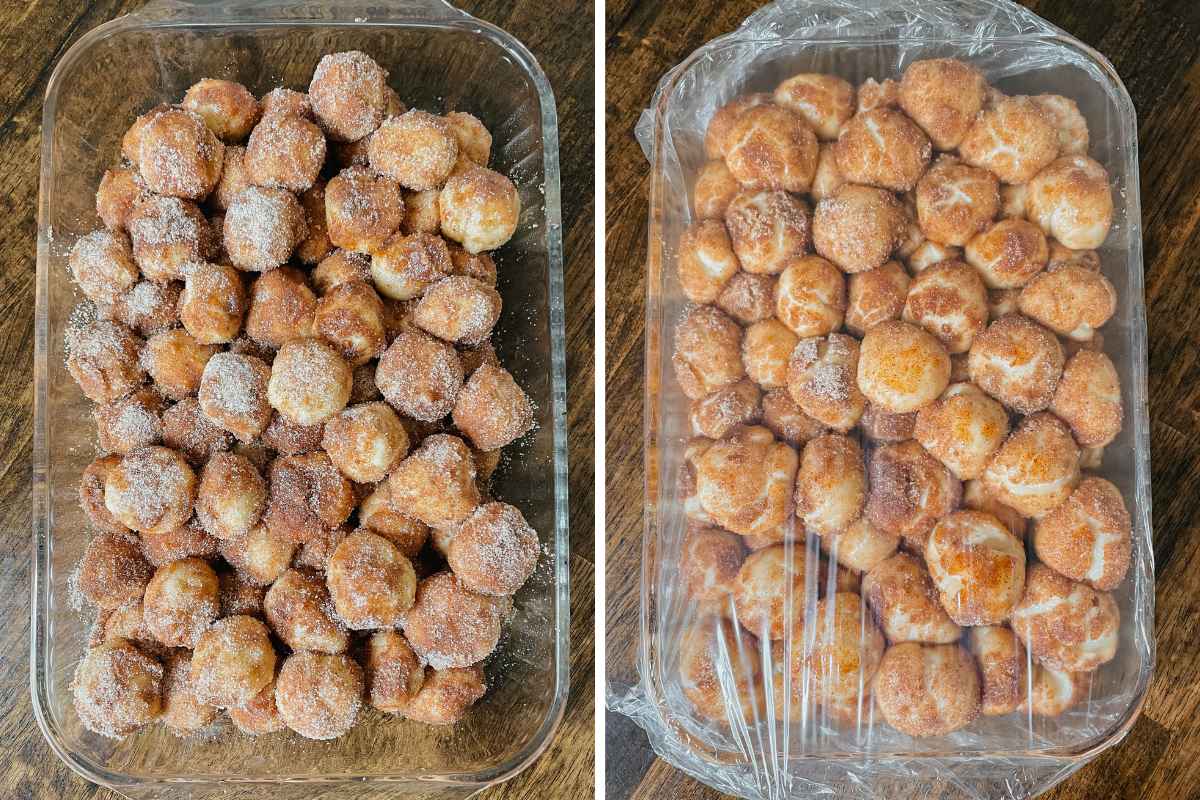 Grid of 2 photos of unbaked sourdough monkey bread in glass pan