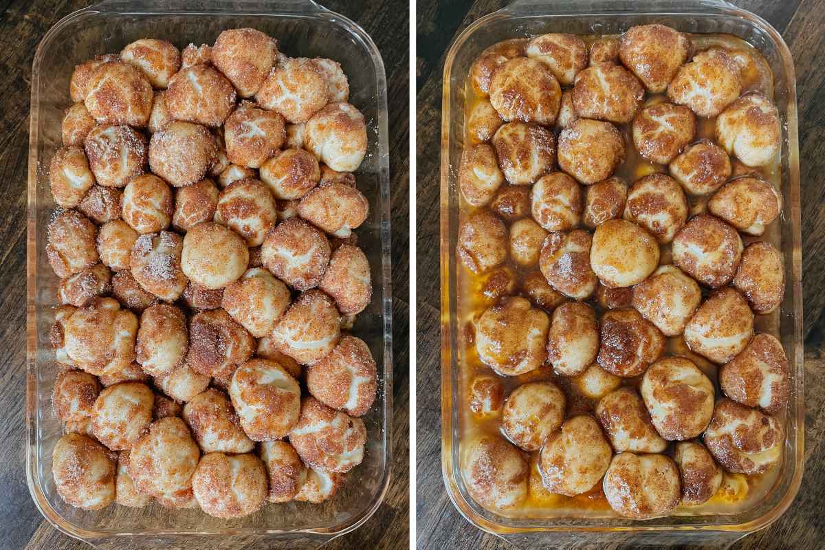 Grid of 2 photos of risen, unbaked sourdough monkey bread in glass pan