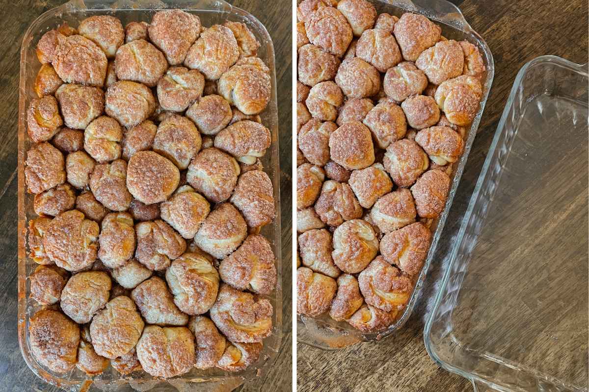 Grid of 2 photos of baked sourdough monkey bread in glass pan
