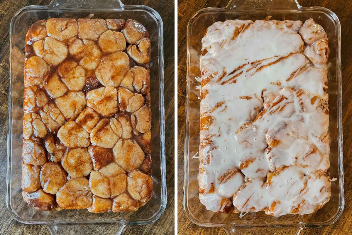 Grid of 2 photos of baked sourdough monkey bread in glass pan drizzled with syrup and vanilla icing