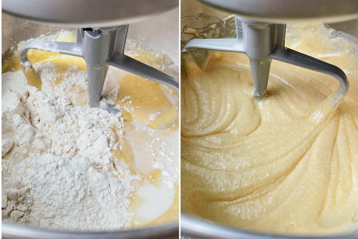 Grid of 2 photos of sourdough discard shortcake ingredients being mixed in metal mixing bowl