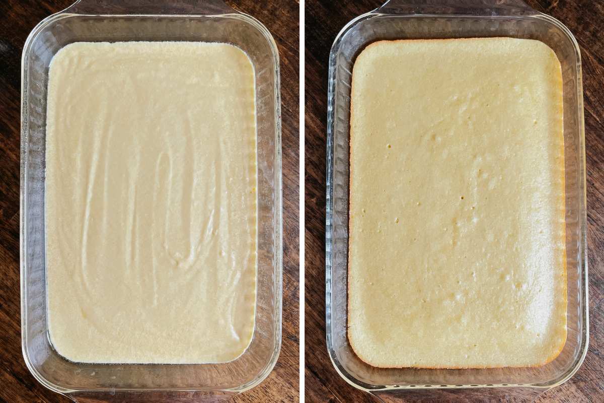 Grid of 2 photos of sourdough discard shortcake batter in glass baking pans