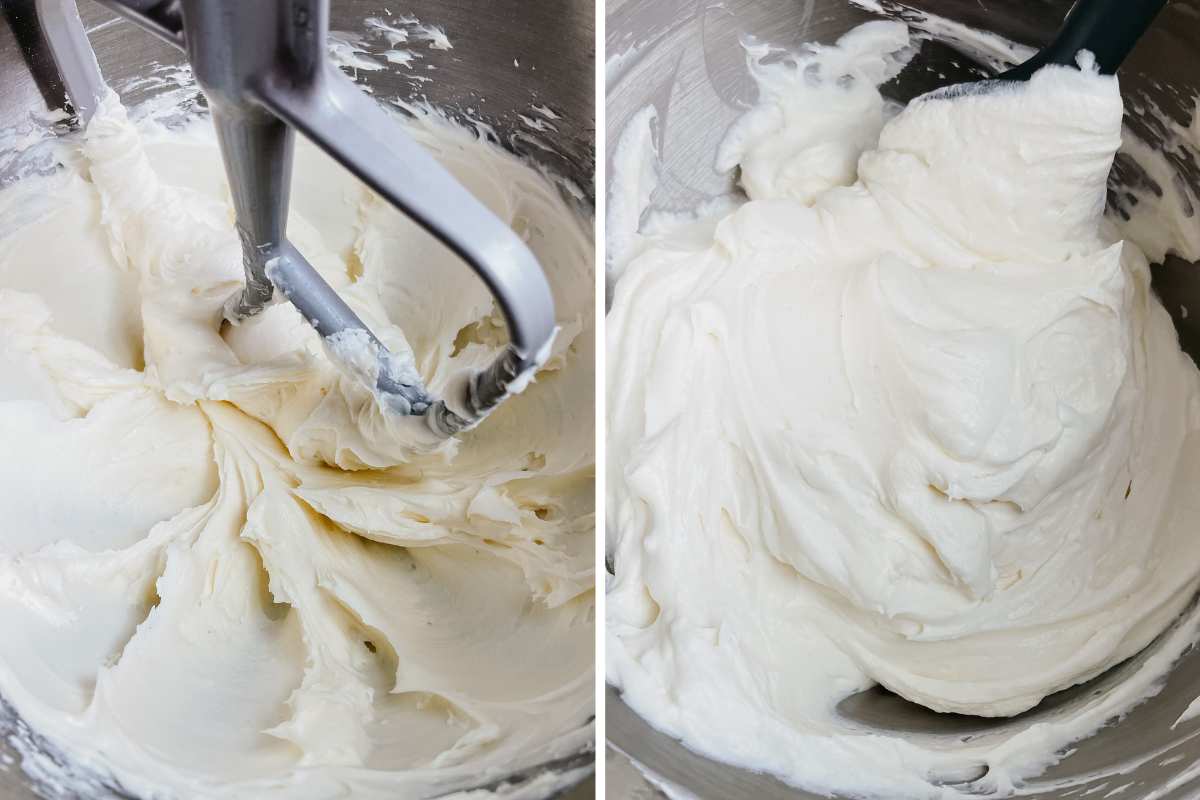 Grid of 2 photos of cream cheese frosting being mixed in metal mixing bowl
