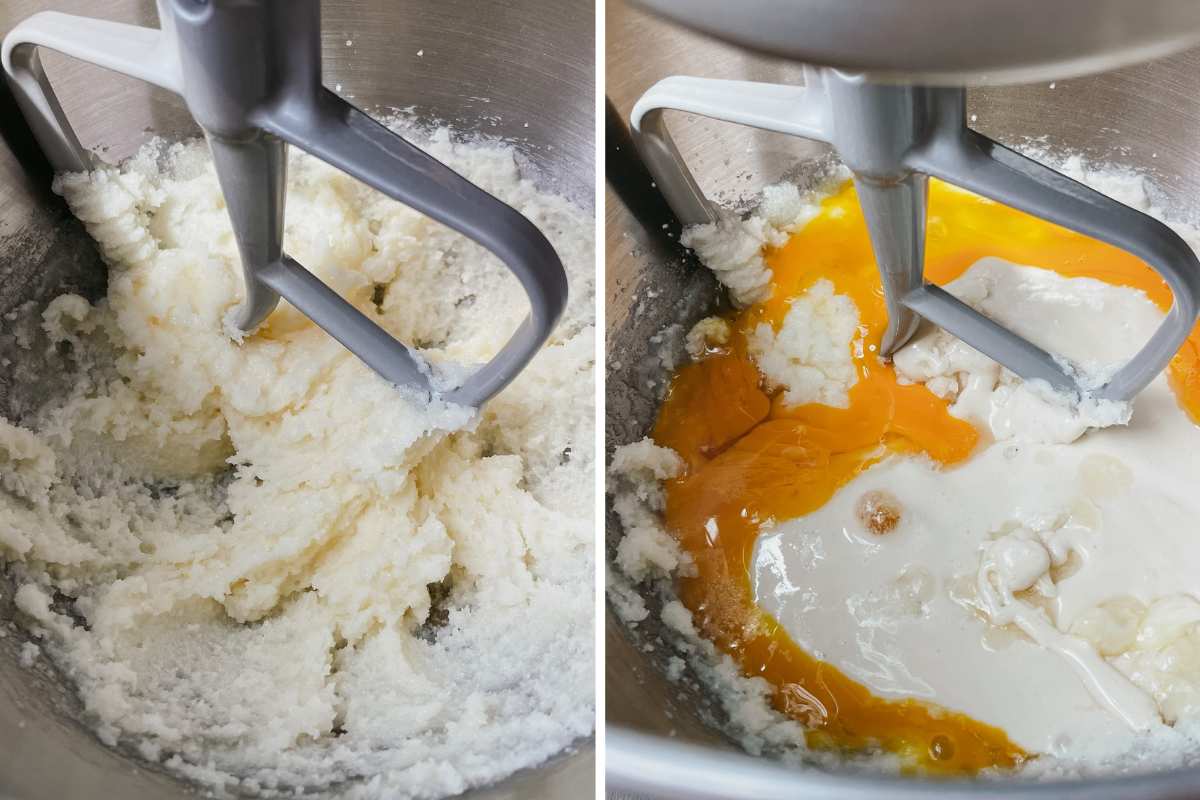 Grid of 2 photos of sourdough discard shortcake ingredients being mixed in metal mixing bowl