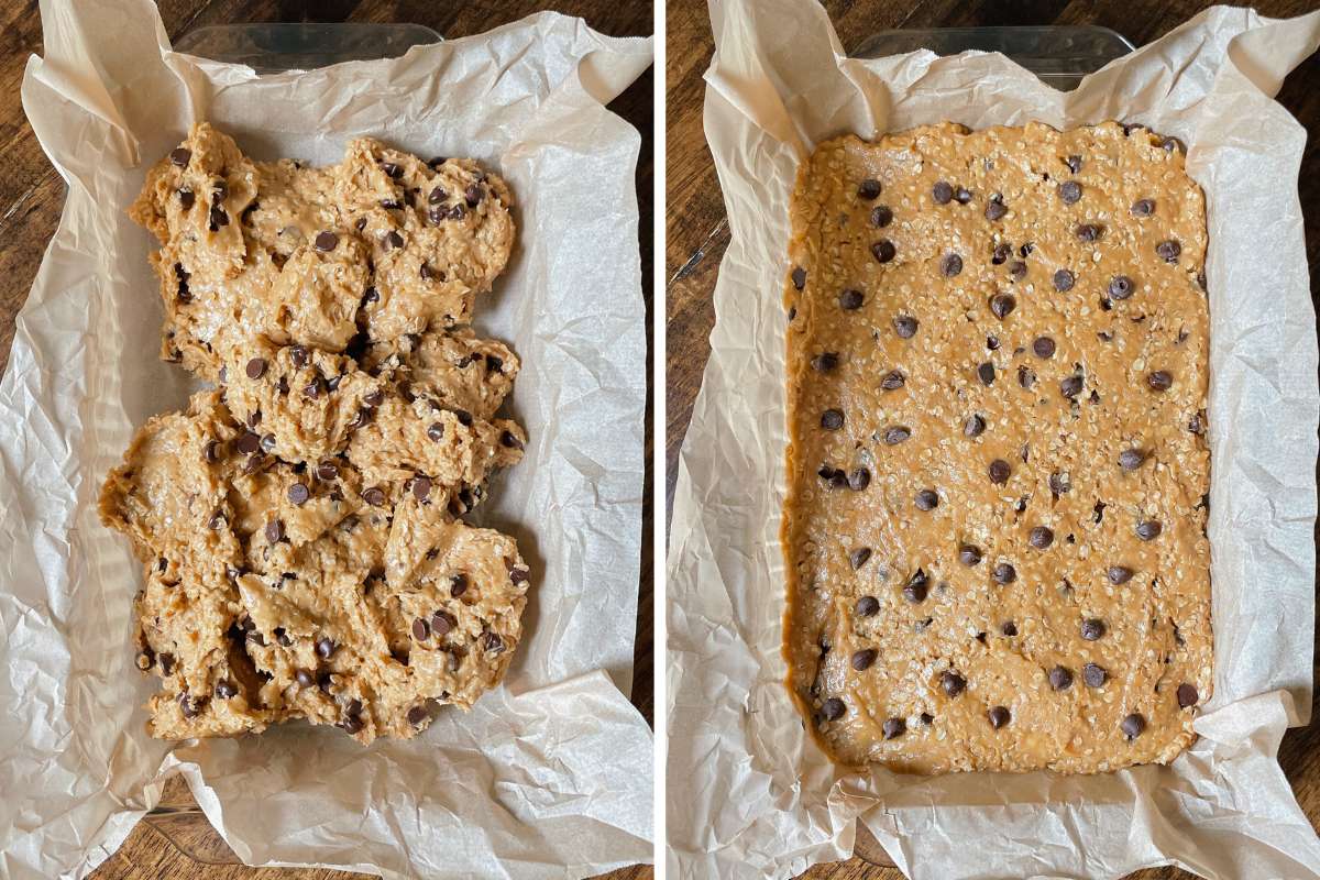Grid of 2 photos of sourdough peanut butter oatmeal chocolate chip cookie bars unbaked in glass baking pan