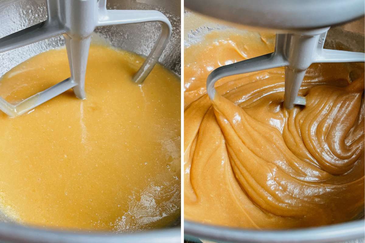 Grid of 2 photos of sourdough peanut butter oatmeal chocolate chip cookie bar batter in metal mixing bowl