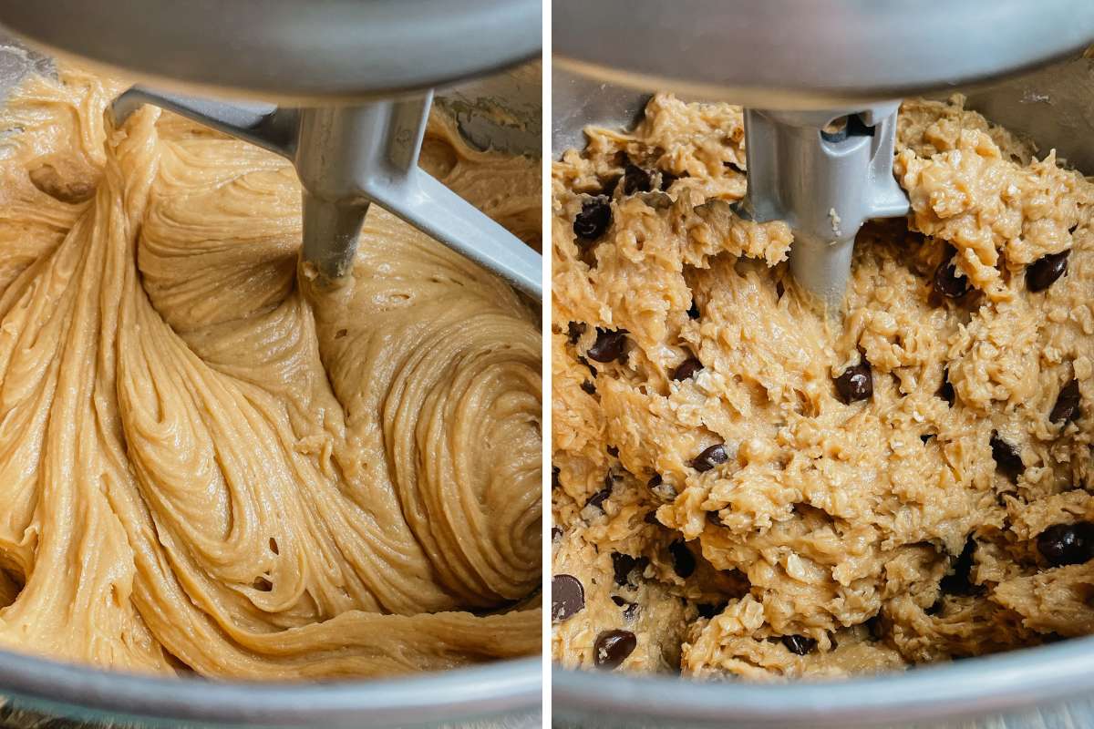 Grid of 2 photos of sourdough peanut butter oatmeal chocolate chip cookie bar batter in metal mixing bowl