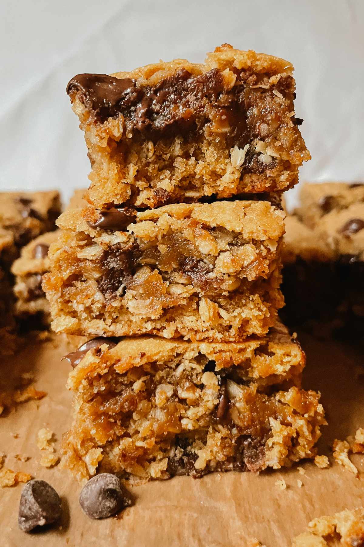 Stack of sourdough peanut butter oatmeal chocolate chip cookie bar squares