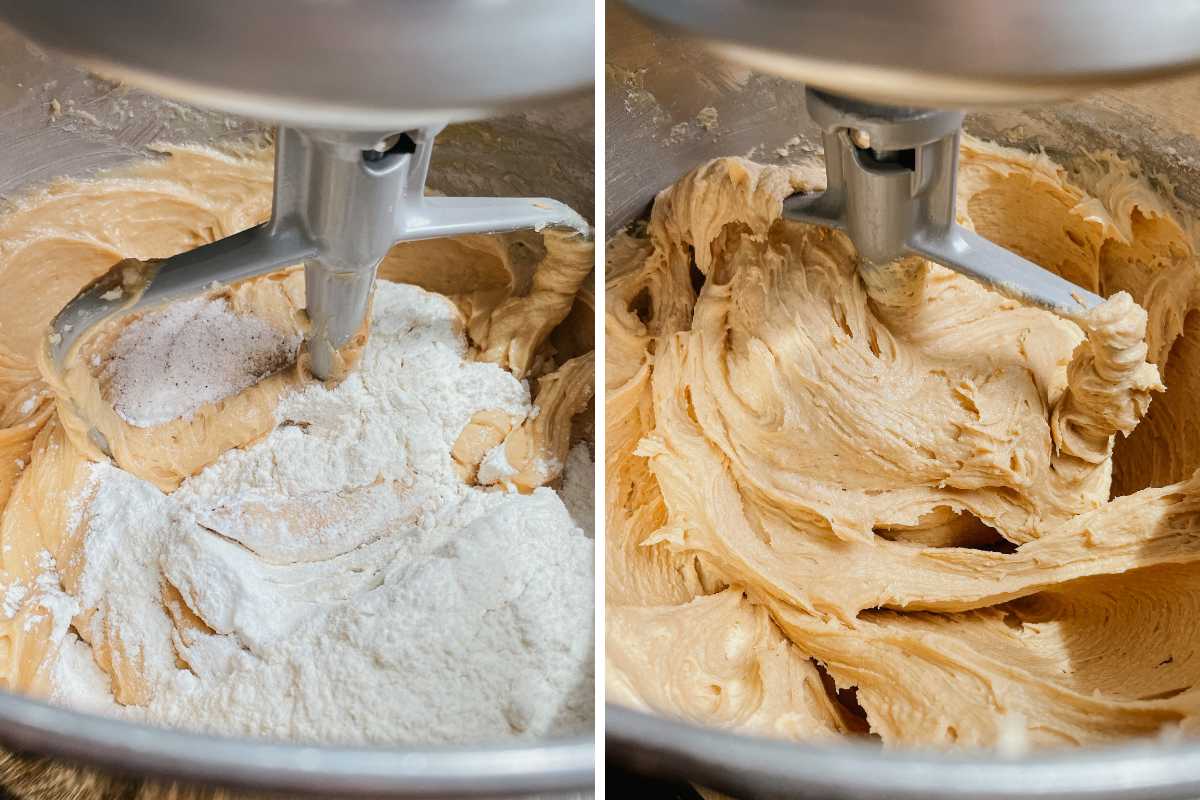 Grid of 2 photos of sourdough peanut butter oatmeal chocolate chip cookie dough in metal mixing bowl