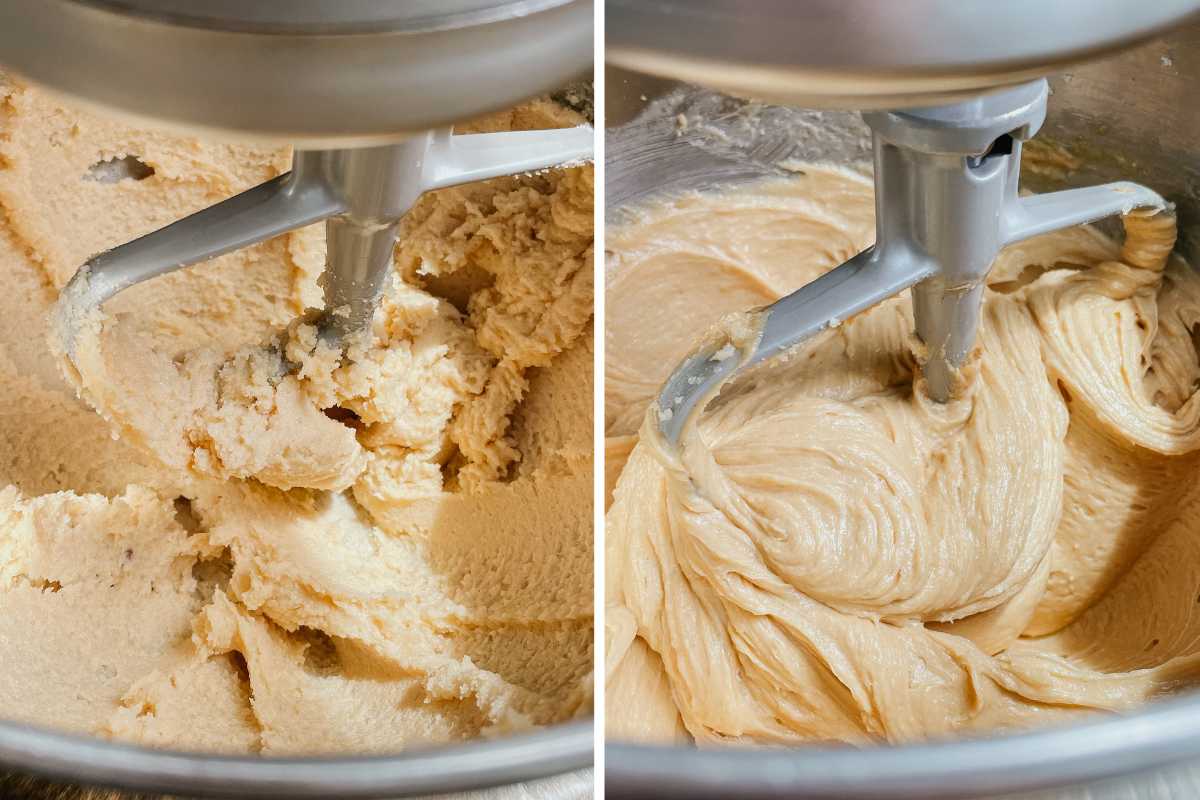 Grid of 2 photos of sourdough peanut butter oatmeal chocolate chip cookie dough in metal mixing bowl