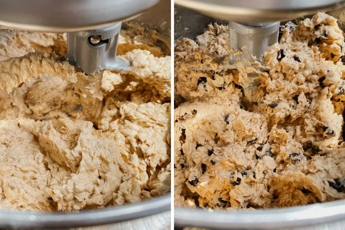Grid of 2 photos of sourdough peanut butter oatmeal chocolate chip cookie dough in metal mixing bowl