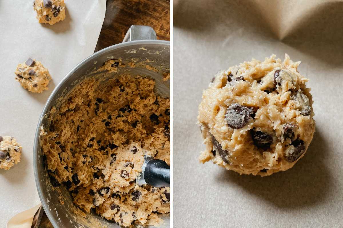 Grid of 2 photos of sourdough peanut butter oatmeal chocolate chip cookie dough scooped on baking sheet