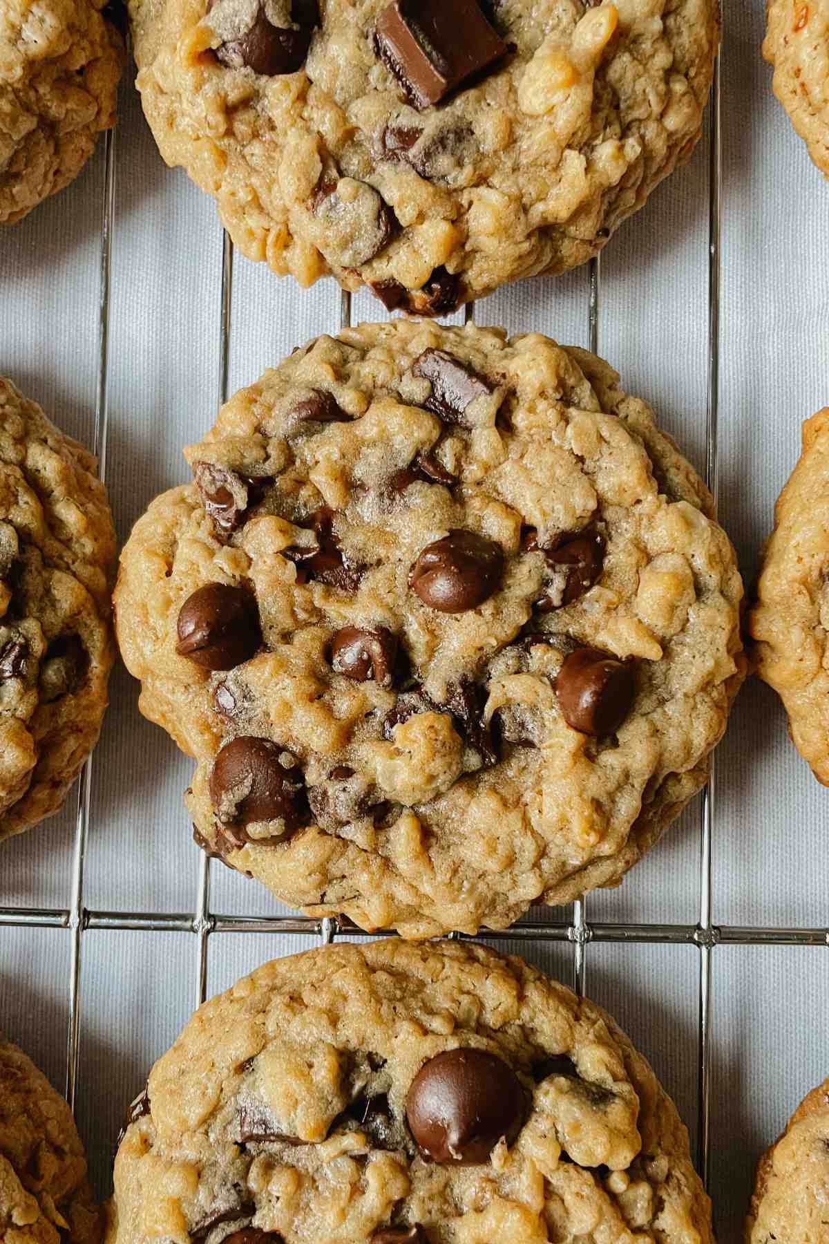 Sourdough peanut butter oatmeal chocolate chip cookie on wire rack