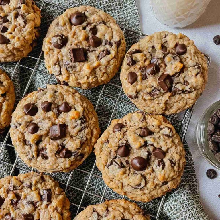 Sourdough peanut butter oatmeal chocolate chip cookies on wire rack with kitchen towel, chocolate chips, and glass of milk around