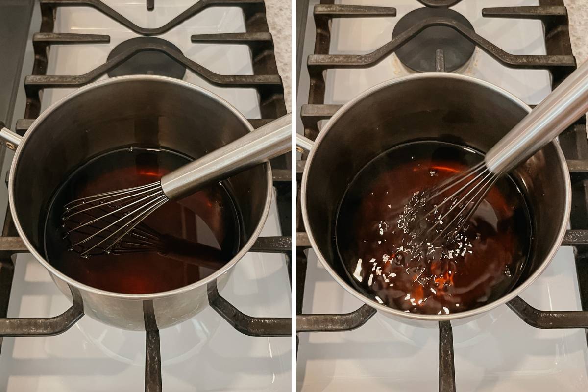 Grid of 2 photos of brown sugar coffee syrup in saucepan on stove