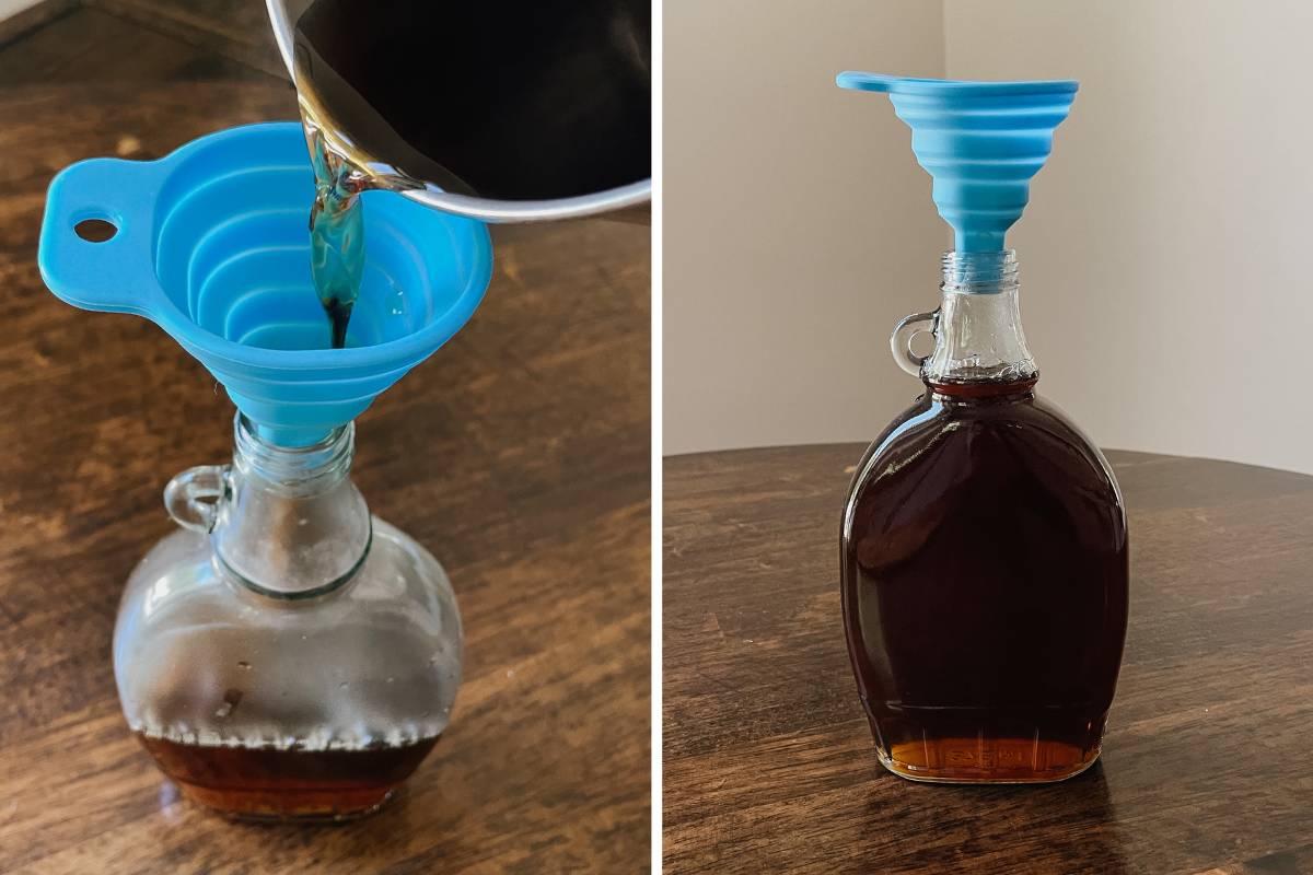 Grid of 2 photos of glass bottle with funnel being filled with brown sugar coffee syrup
