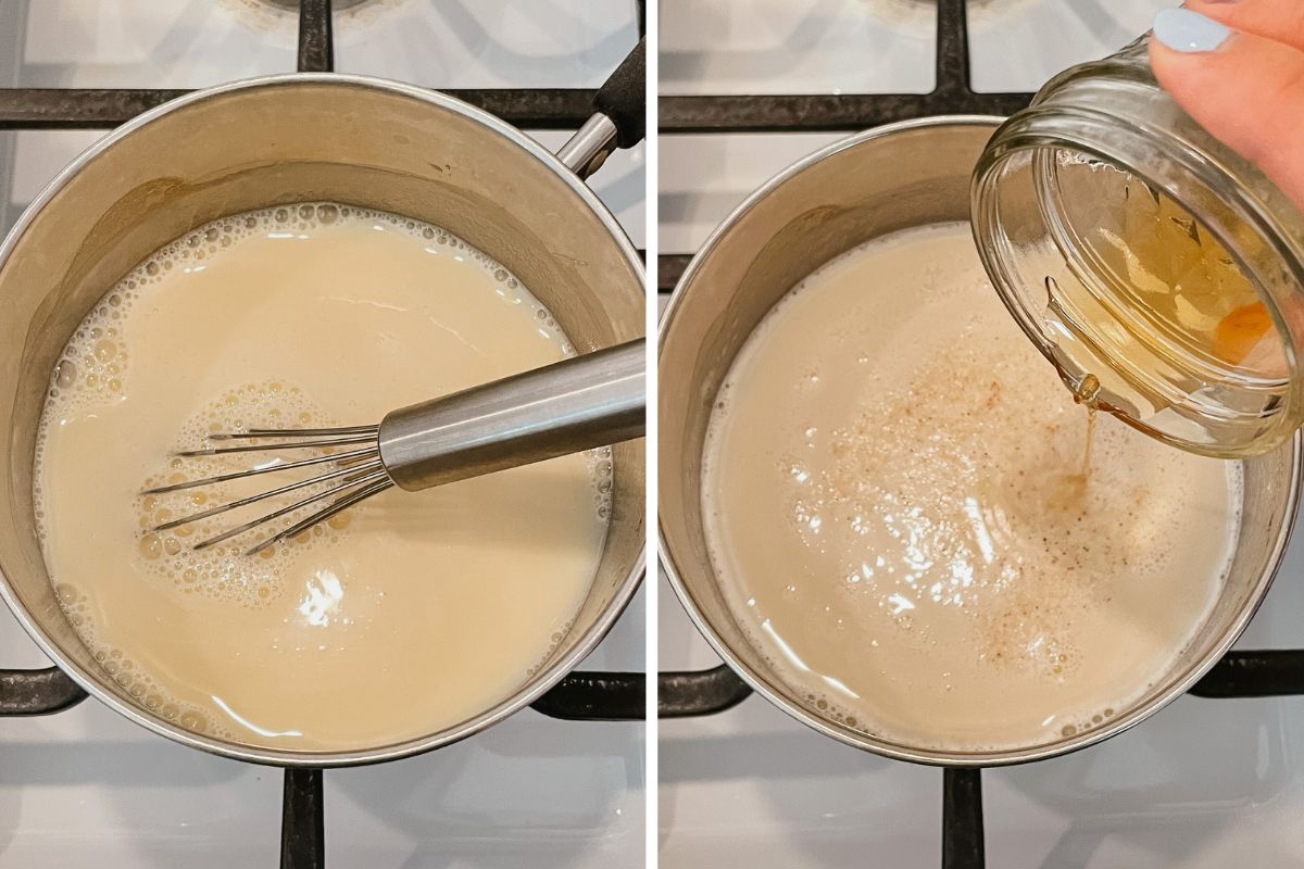 Grid of 2 photos of crème brûlée coffee syrup in a saucepan on a stove
