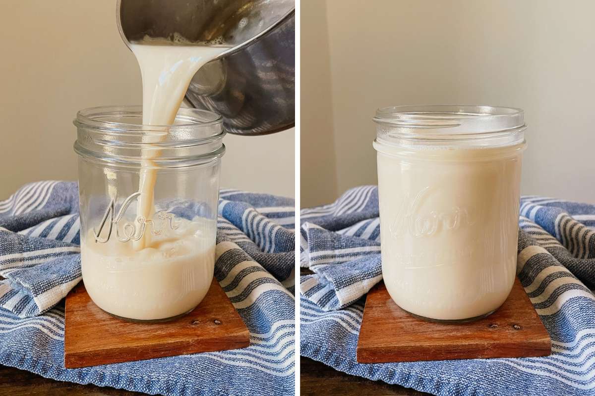 Grid of 2 photos of crème brûlée coffee syrup being poured in a glass jar