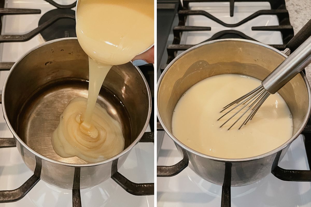 Grid of 2 photos of crème brûlée coffee syrup in a saucepan on a stove