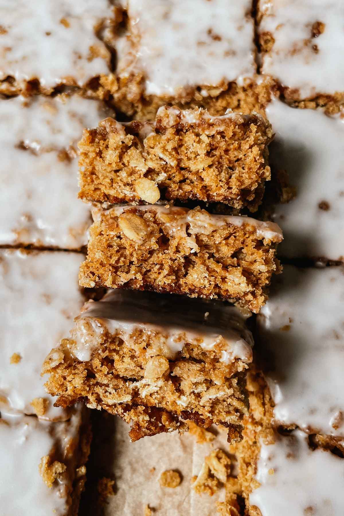 Sourdough iced oatmeal cookie bar squares stacked