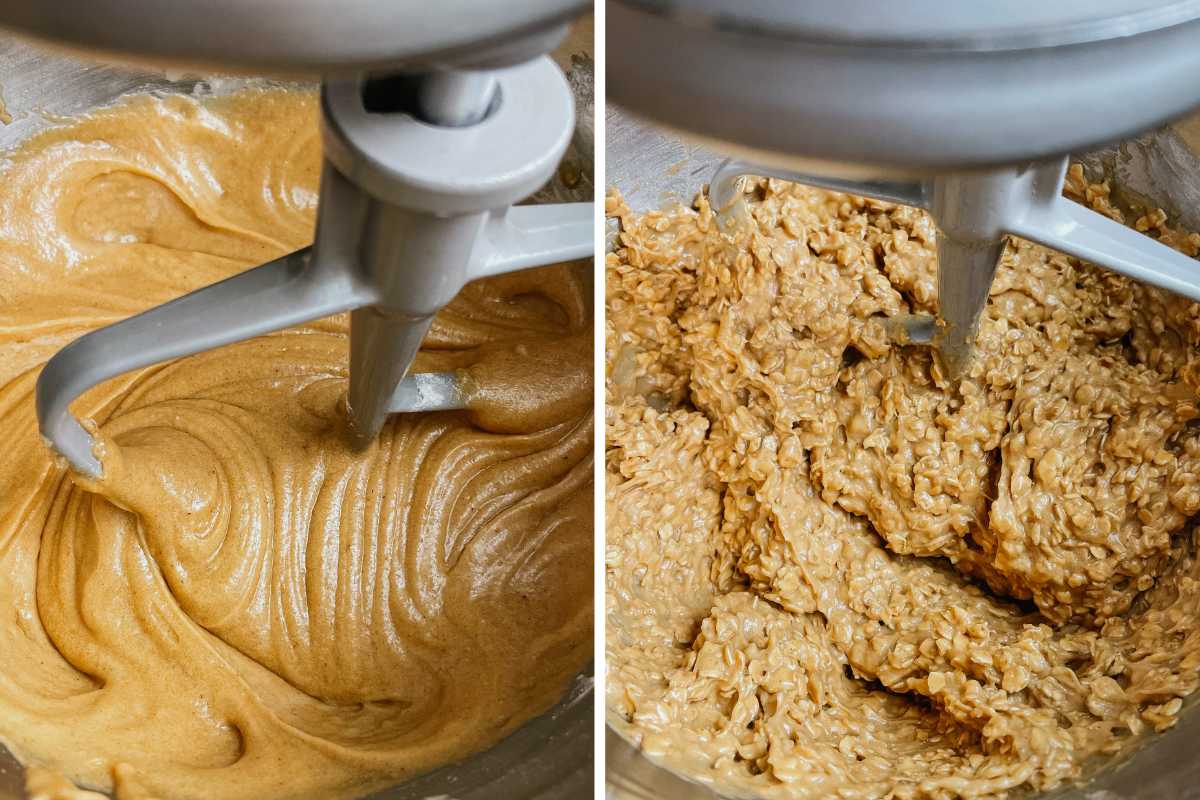 Grid of 2 photos of sourdough oatmeal cookie bar batter in metal mixing bowl