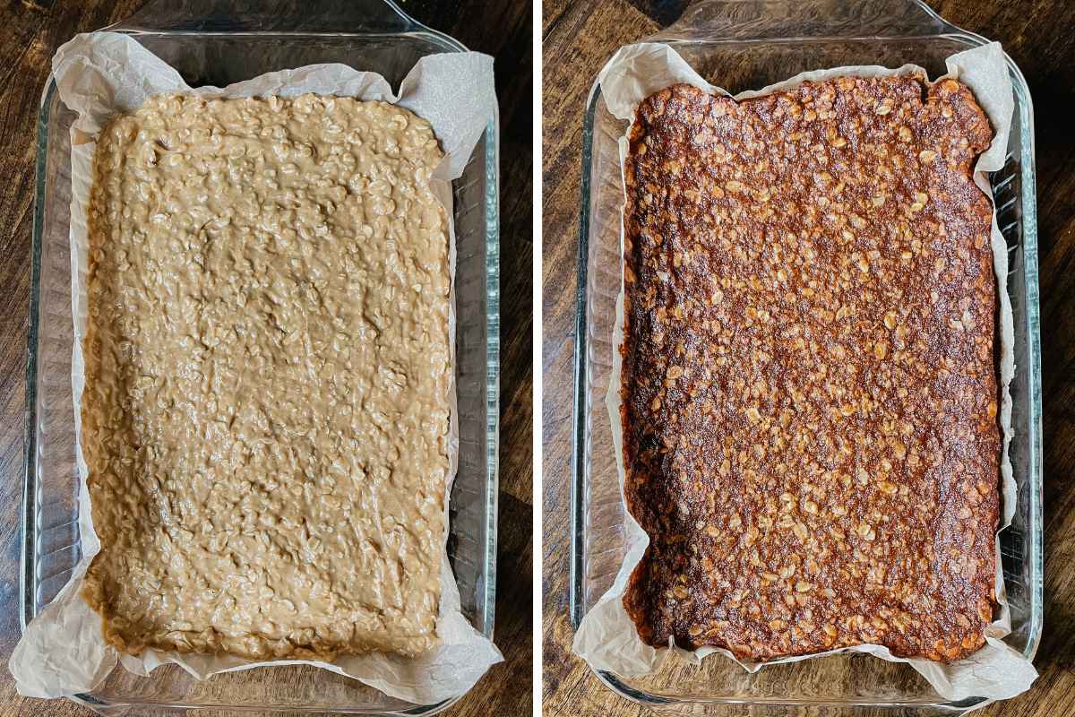 Grid of 2 photos of sourdough oatmeal cookie bar batter unbaked and baked in lined glass baking pan