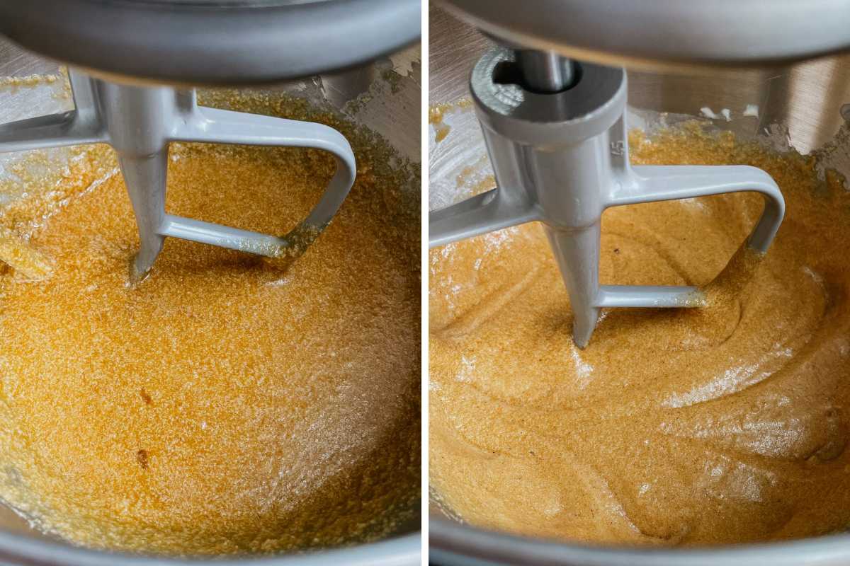 Grid of 2 photos of sourdough oatmeal cookie bar batter in metal mixing bowl
