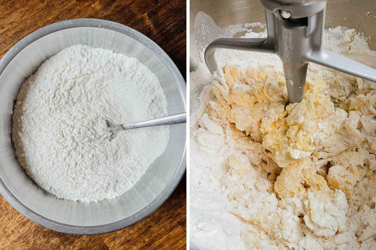 Grid of 2 photos of sourdough peach crumb bar dough in metal mixing bowls