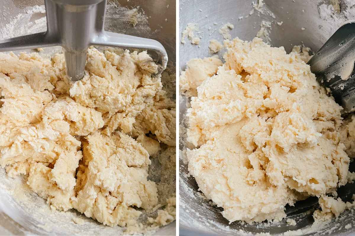 Grid of 2 photos of sourdough peach crumb bar dough in metal mixing bowl