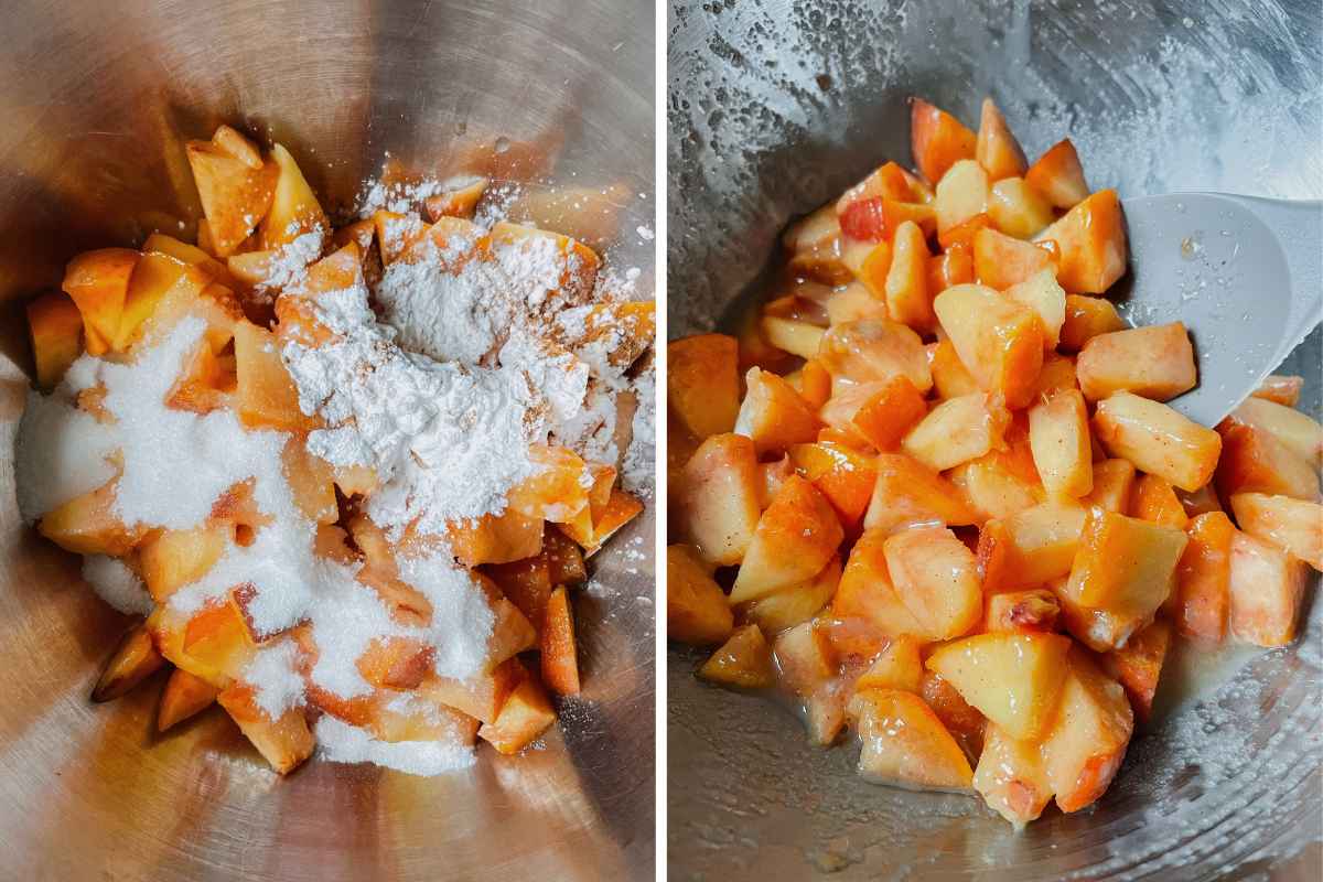Grid of 2 photos of sourdough peach crumb bar filling in metal mixing bowl