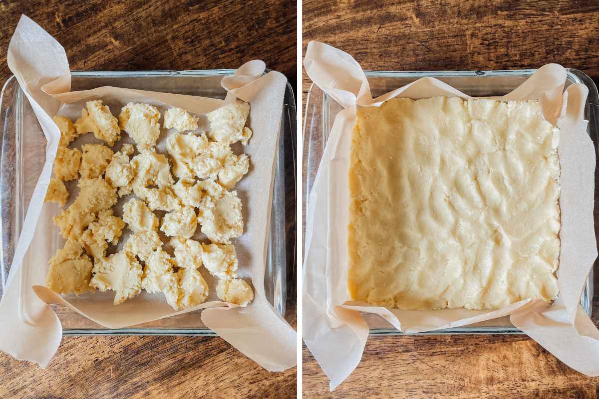 Grid of 2 photos of sourdough peach crumb bar dough in parchment lined baking pan