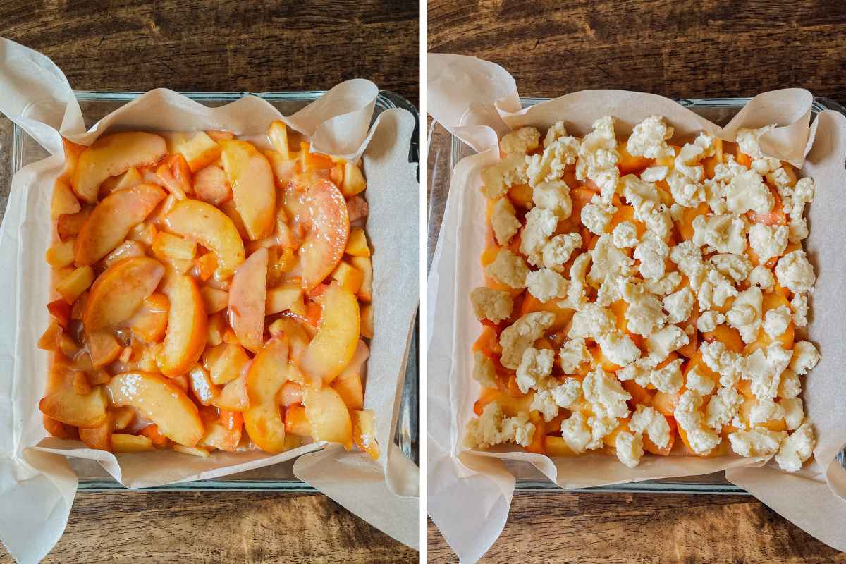 Grid of 2 photos of sourdough peach crumb bar dough and filling layered in parchment lined baking pan