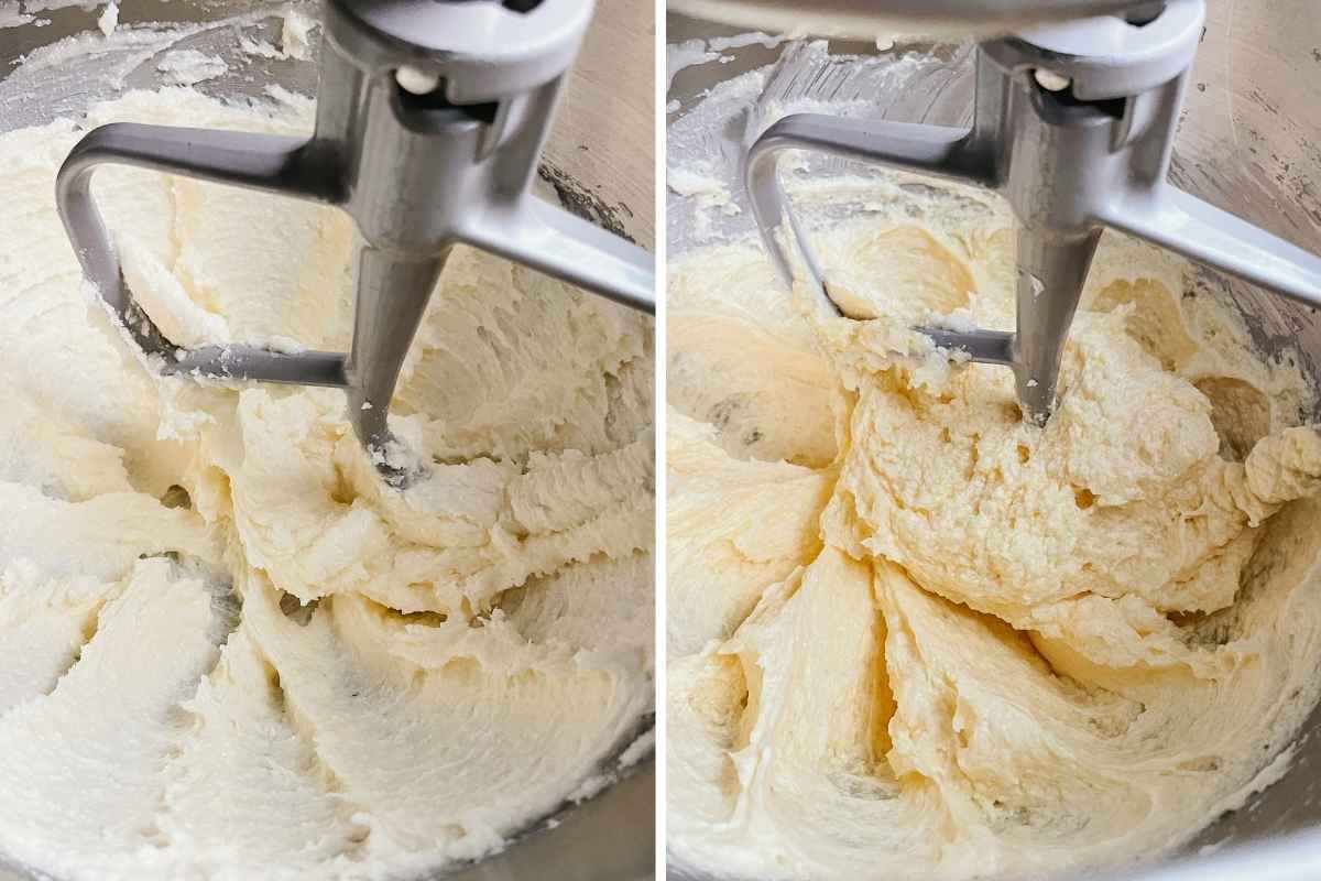 Grid of 2 photos of sourdough peach crumb bar dough in metal mixing bowl