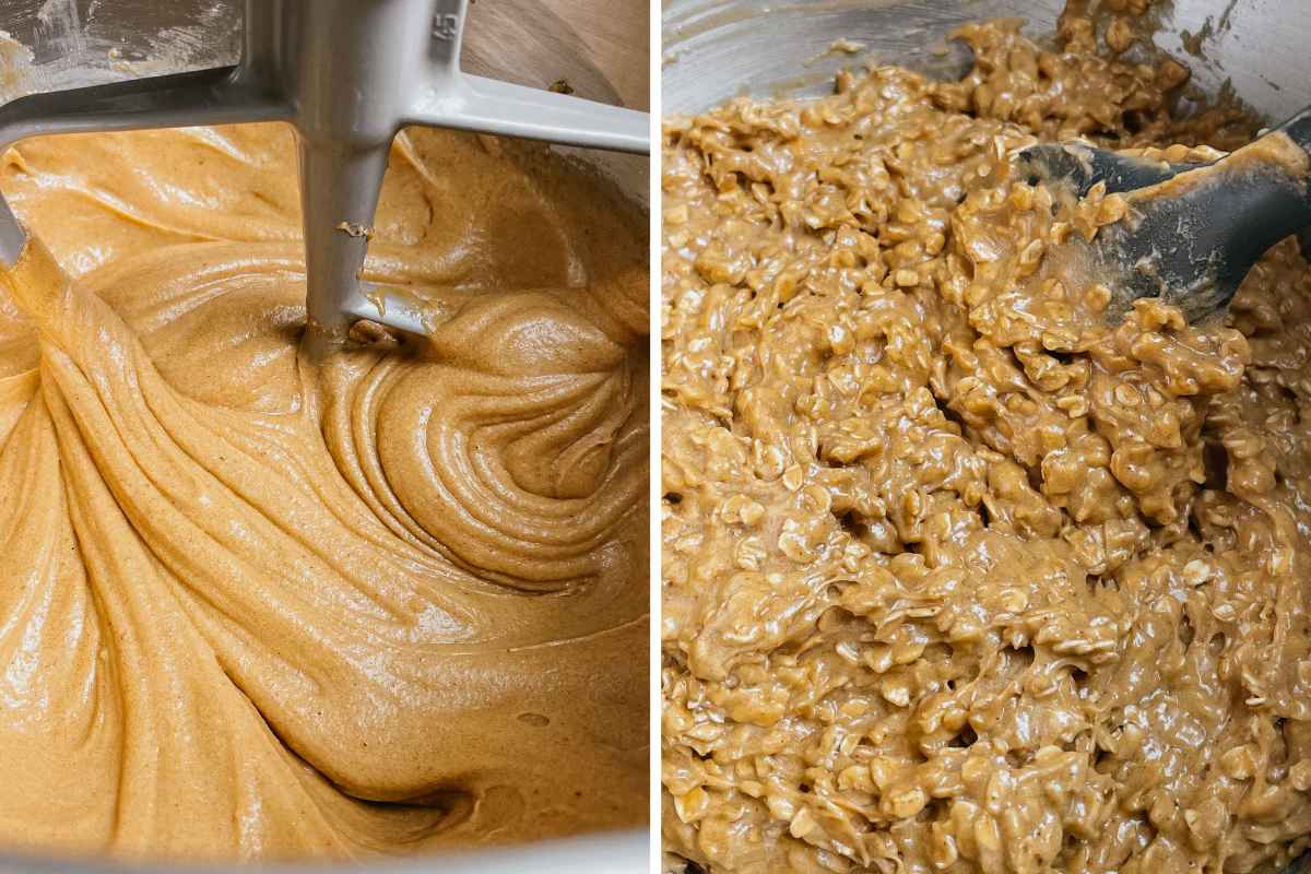 Grid of 2 photos of sourdough gingerbread oatmeal cookie dough in metal mixing bowl
