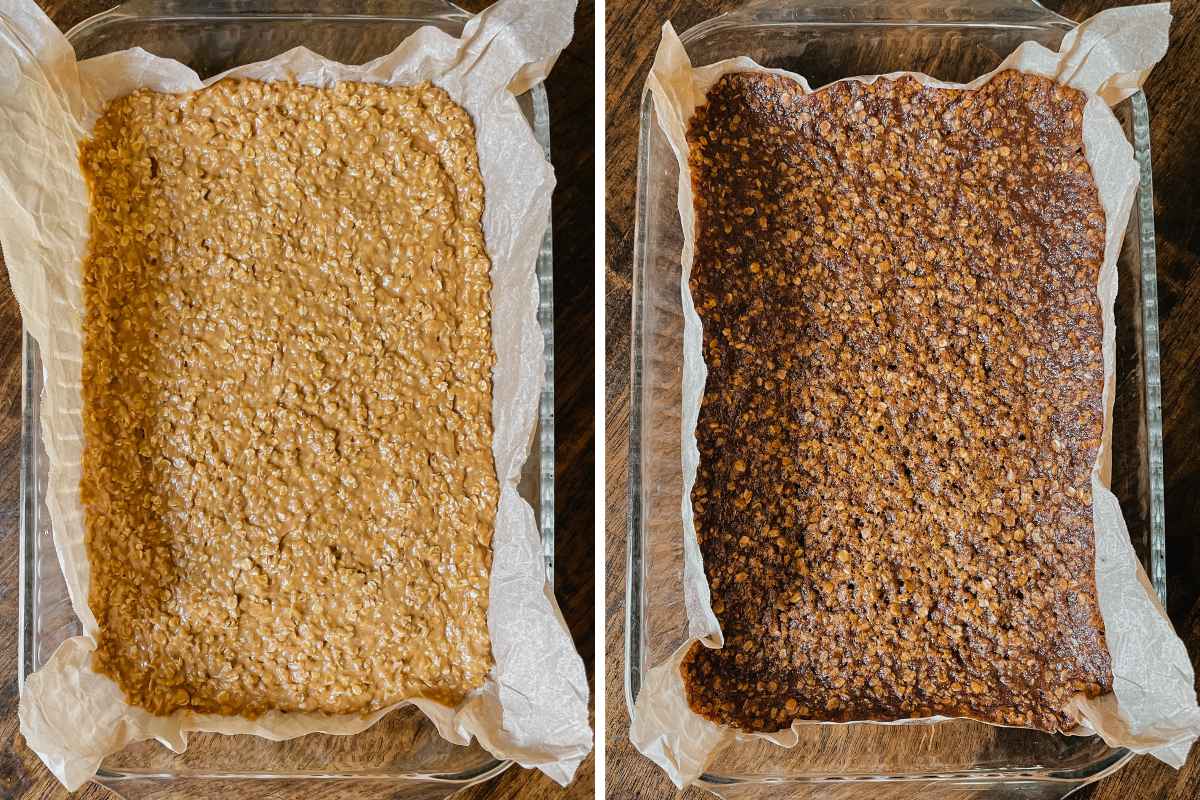 Grid of 2 photos of sourdough gingerbread oatmeal cookie bar batter unbaked and baked in lined glass baking pan