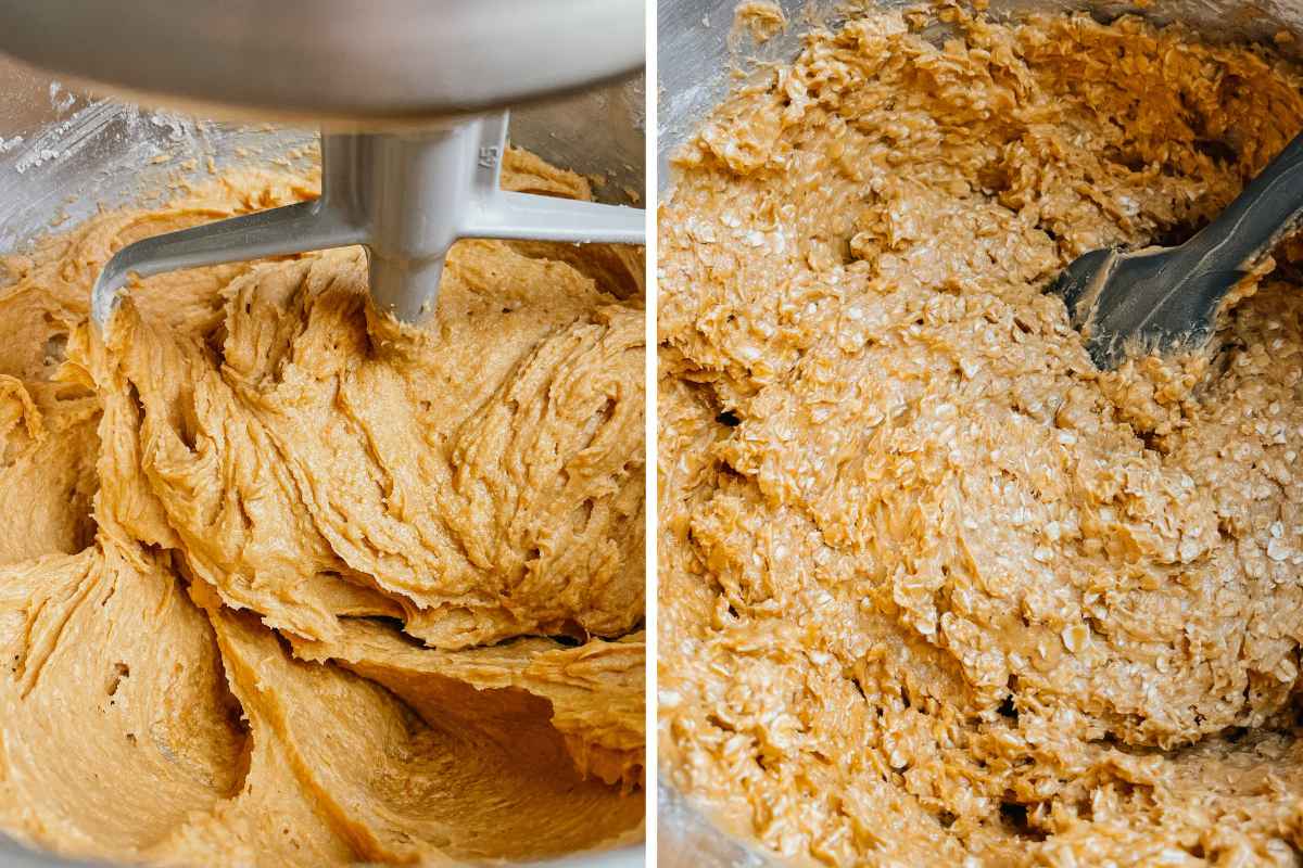 Grid of 2 photos of sourdough pumpkin oatmeal cookie dough in metal mixing bowl