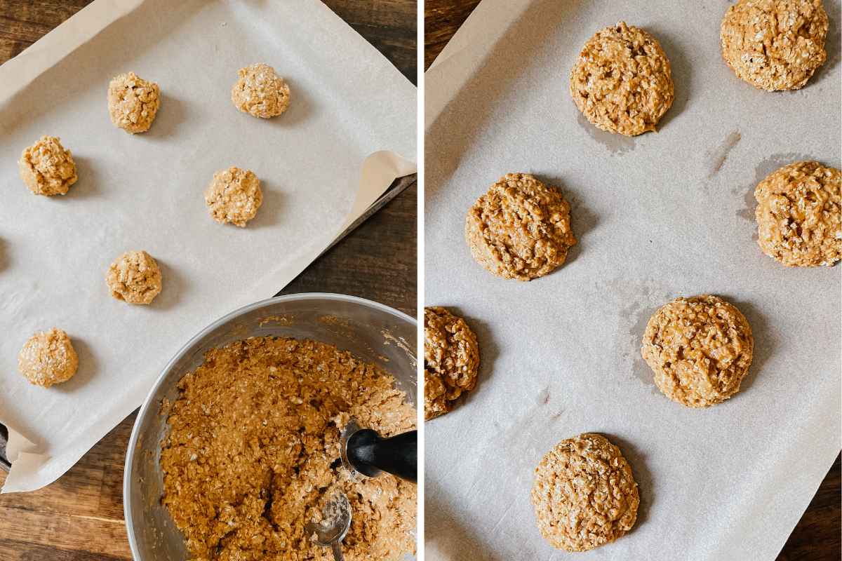 Grid of 2 photos of sourdough pumpkin oatmeal cookie dough balls on parchment paper lined baking pan