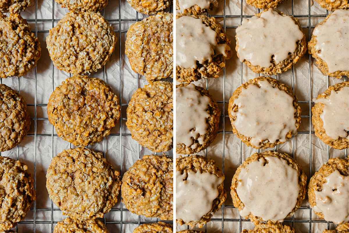 Grid of 2 photos of sourdough pumpkin oatmeal cookies on wire cooling rack