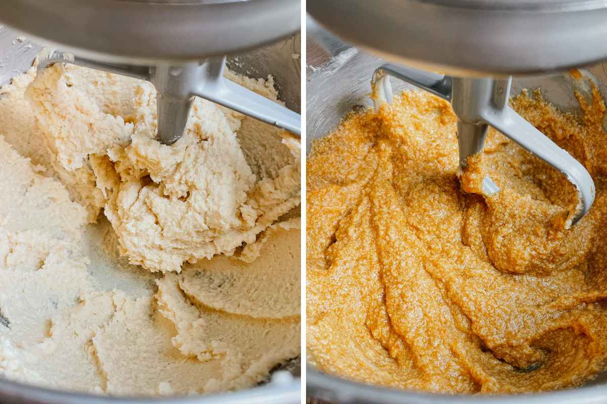 Grid of 2 photos of sourdough pumpkin oatmeal cookie dough in metal mixing bowl